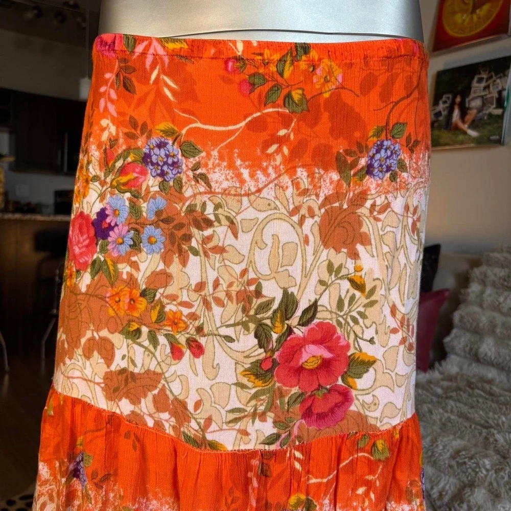 Y2K Boho Floral Tiered Maxi Skirt Orange Pink 🌿